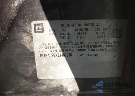 2014 Chevrolet Cruze Ls Auto из США, поврежденный, VIN 1G1PA5SGXE7487900